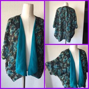 Ny collection kimono top bohemian summer western open front floral teal size S